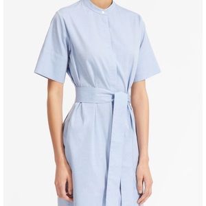 Oxford Blue Cotton Collarless Belted Shirtdress